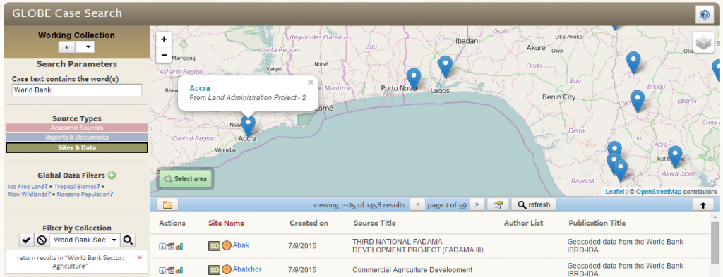 Pictured above is a case search for “Site and Data” source types that include the keyword “World Bank”